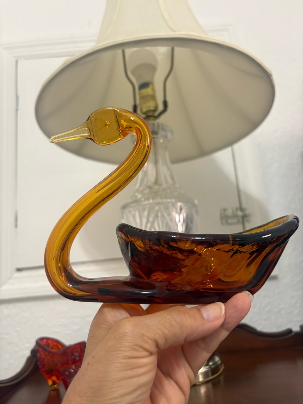 Mid century Viking Amber Glass known as the “Epic Swan” Candy Dish